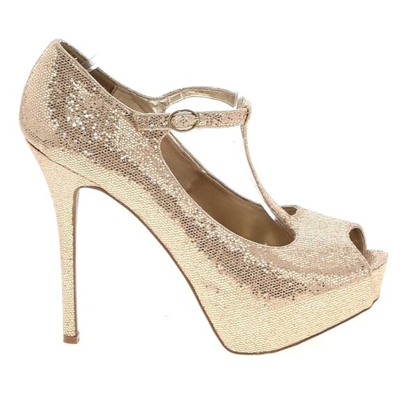 Steve Madden Revaa Gold Glitter Fabric Heels Sparkle bling 10 - Picture 1 of 9